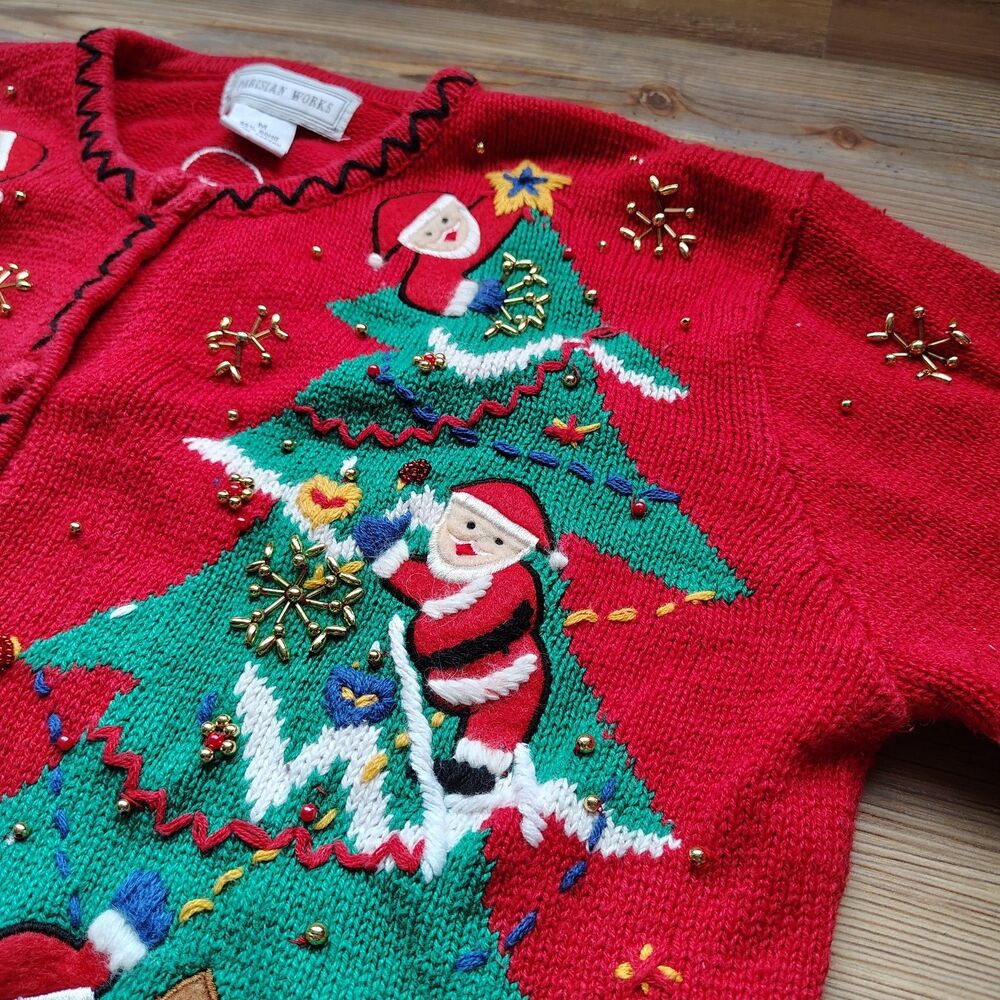 Vintage Christmas Cardigan Sweater Size M Santa Claus Tree Embellished Retro - Picture 4 of 12